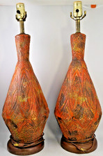 Vtg Brutalist MCM Textured Ceramic Angled Table Lamps Orange Yellow Brown | PAIR picture