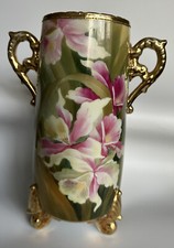 Antique Nippon Porcelain Tri-Footed Flowers 24k Gold Painted Vase 10 inches picture