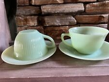 Pair Fire King Jane Ray Tea Cup and Saucer Jadeite Green Glass ornate bottom picture