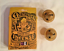 2 Vtg Etched Small Brass Incense Cone Burner  & African Violet Cones Unused 70's picture