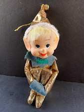 Vintage Knee Hugger Elf Pixie Gold Lame Christmas Tree Ornament Rubber Face 11” picture