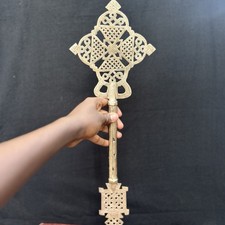 VINTAGE ETHIOPIAN COPTIC HAND CROSS ORTHODOX PROCESSIONAL CHRISTIAN ART 17.5” picture