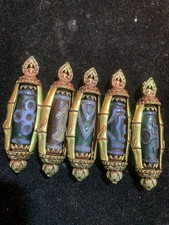 5 Pcs WOW Pure Tibetan Brass Bamboo Inlay Old Agate Dzi Carved Bead Pendants picture