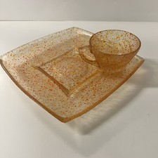 vtg glass plate and cup set orange  textured party Dishes Decor Kitchen 70’s Tea picture