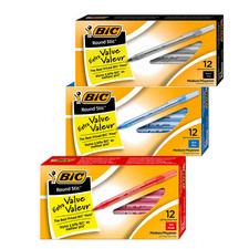 BIC Round Stic Grip Ballpoint Pens 12 Pack Black Blue Red Medium Point Smooth picture