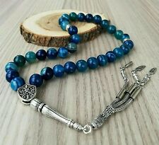 REAL Blue Agate Stone Islamic Prayer 33 beads Tasbih Misbaha Sibha Tasbeeh 10mm picture