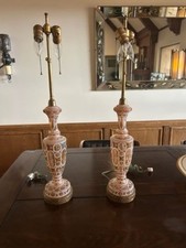 Vintage Pair Opaline Glass Lamps Mid-Century Gold Enamel Brass Hollywood CA picture