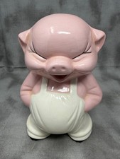 Vintage 1982 Alice Ceramic Piggy Bank Donna Byom Pink Pig White Overalls picture
