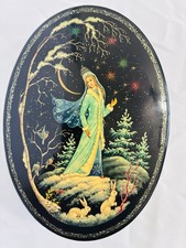 Vintage Russian Lacquer Oval Box W/ Snow Maiden and Rabbits In Forest Hand Made picture