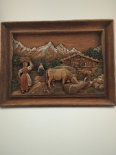 Vintage SIC French Carved Wood Relief Plaque Alpine Farm Cow Folk Art 19