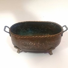 Oval Brass Metal Cache-Pot  w/ Handles and feet Embossed Floral 10