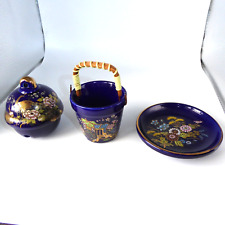 VTG Kutani Cobalt Blue Oriental Japanese Set, 3 Miniatures, Bell, Bucket, Plate picture