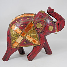 Vintage HandCarved Wood Elephant Sculpture Figure Brass Stone Inlay India Red 8