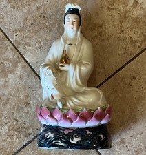 VTG 11.5” Porcelain Chinese Quan Guan Kwan Yin Statue Lotus Gold Accent Buddha picture