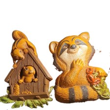 Vintage 1977 Homco Wall Plaques Pair Chipmunks Raccoon Woodland Decor Set Lot picture