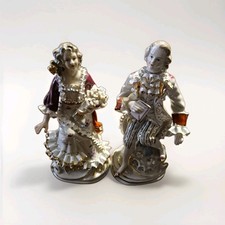 Painted Porcelain Man & Woman Figurines Glossy White Gold Red Set of 2 picture