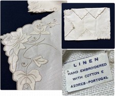 Set 4 VTG Portugal Hand Embroidered Linen Placemats Napkins Ecru Floral Corners picture
