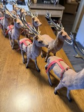 Vintage Mid Century MCM 50s  Lot Of 9 Flocked Reindeer Christmas W/ Sleigh picture