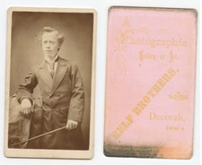 DAPPER YOUNG MAN W/ RIDING STICK? IN HAND DECORAH, IA, CDV PORTRAIT GRAPHIC BACK picture