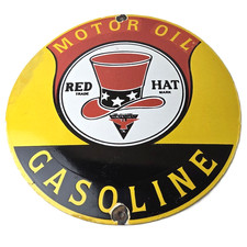 Vintage Red Hat Motor Oil Porcelain Sign - Gasoline Pump Plate Service Ad Sign picture