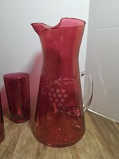 Cranberry Etched Flashed Glass Martini Pitcher with 6 glasses picture