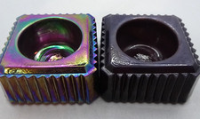 (2) E.E. Ed Bowman Wetzel Glass Fluted Square Open Salt Dip Purple Iridescent picture