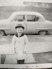 Vintage Real Photo ~ 1960s Boy in Coat Posing with Car  ~ 3.5