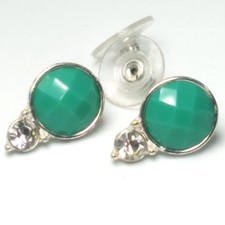 Vintage Napier Pierced Earrings Silver Tone Metal Green Thermoset & Rhinestones picture