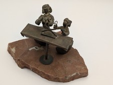 Vintage Brutalist Judaica Metal Sculpture Mother Child Shabbat Candle... picture