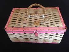 Vintage Pink /White Wicker Sewing Basket Box Satin Lined 10