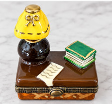 Vintage Porcelain Hinged Trinket Box Writing Desk Lamp Books Letter Miniature picture