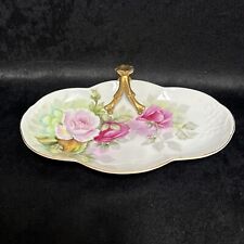 Vtg Hand Painted Porcelain Handled Nappy Trinket Dish Tray Pink Cabbage Roses picture
