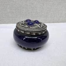 Vintage Cobalt Blue Glass Trinket Box Silver Filigree Lid Blue Cabochons picture