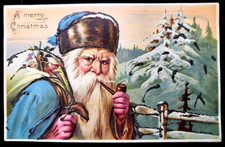Rare~Full Face Blue Robe~SANTA CLAUS~with Toys~Pipe 1910 Christmas Postcard~r292 picture