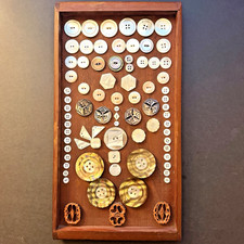 Vtg California Redwood Wall Hanging Shadow Box Antique MOP Shell 78 Button Lot picture