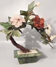 Vintage Chinese Jade Gemstone Bonsai Tree Rose Quartz Agate Carved Flowers 11” picture
