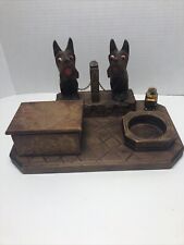 Scottie Scotty Terrier Dogs Carved Wooden Inkwell Pen Rest Stand Vintage picture