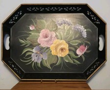 Vtg Pilgrim Reticulated Black Toleware Handpainted Florals Gold Trim Tray 18