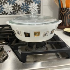 Vtg MCM Inland Glass Casserole Dish Atomic Snowflake Black Gold/Pyrex 475-C Lid picture