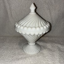 Vintage Westmoreland Milk Glass Swirl and Ball Pedestal Candy Dish with Lid picture