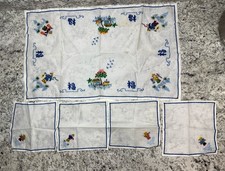 VTG cross stitch embroidered Teacloth 4 Napkin Chinese Farmers Fisherman picture