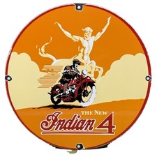 VINTAGE INDIAN 4 PORCELAIN SIGN FOUR CYLINDER MOTORCYCLE RIDER INDIAN SCRIPT picture