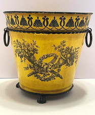 Vintage Italian Gold Tole Cachepot Planter , Ring Handles and Lion feet. Floral picture