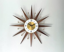 MCM Sunburst Wall Clock Mid Century Modern Walnut Gold Silent Retro Clock picture
