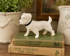 Vintage Japan White Terrier Dog Figurine Black Collar Lusterware 1950s picture