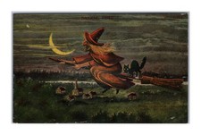 Antique Postcard Halloween Red Witch Broom Black Cat Salem MA 1692 Bosselman NY picture