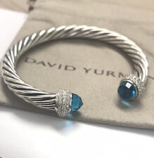 David Yurman 925 Silver 7mm Candy Blue Topaz  & Diamond Cuff Bracelet Medium picture