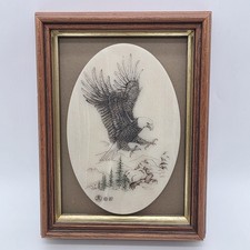 1987 Eagle Art Faux Scrimshaw Cultured Marble Oval Framed Wall Plaque Signed  picture