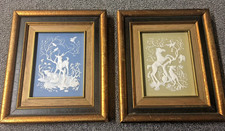 ANTIQUE VINTAGE PAIR WOOD FRAMED CERAMIC TILE WEDGEWOOD LOOK WOODLAND ANIMALS picture
