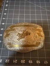 Vintage CRUMRINE Unengraved Silver & Gold Tone Rodeo Bull Rider Award Buckle picture